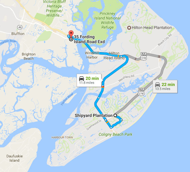 Directions from Shipyard on Hilton Head Island to Buckingham Landing